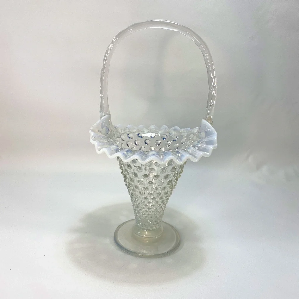 Vintage 40s French Opal Hobnail Ruffle Footed Handle Flower Basket 12